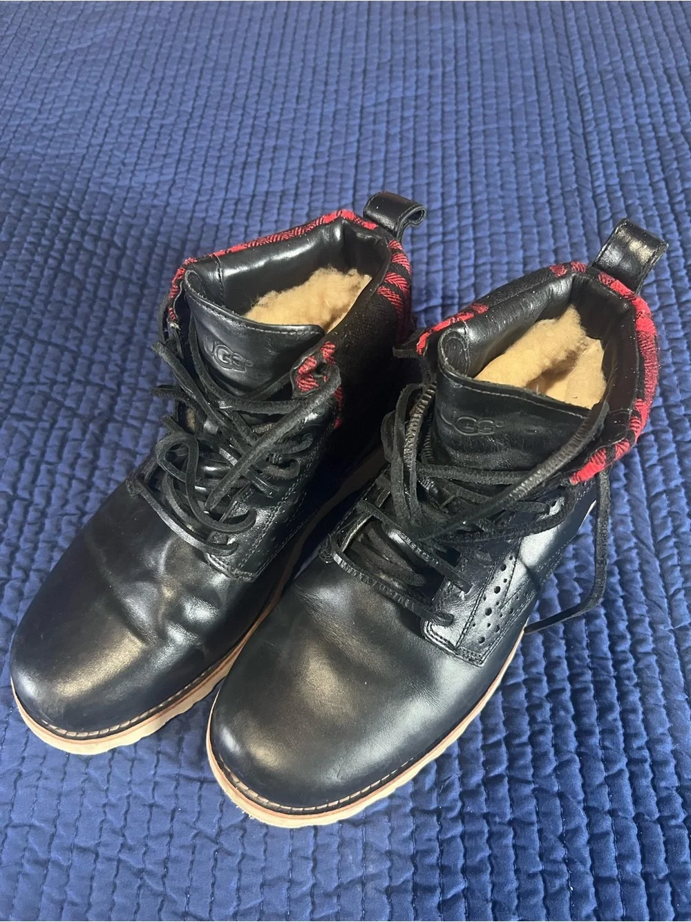 UGG Men's Black Leather Lace-Up Boots with Red Plaid Collar
